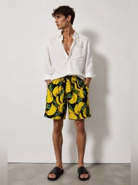 Banana Print Elastic Waist Shorts | Size XL